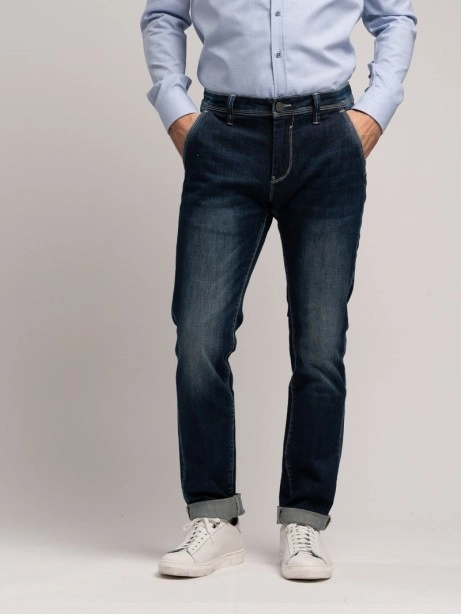 Jeans uomo stretch modello chinos in denim blu scuro