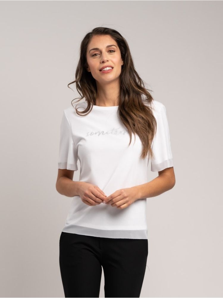 T-shirt donna realizzata in jersey doppiata in tulle tono su tono