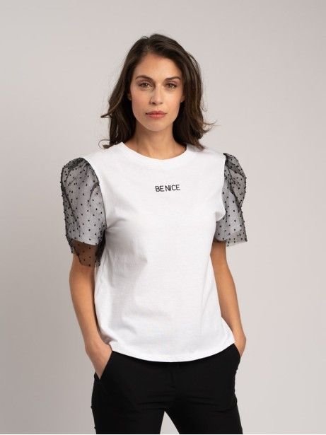 T-shirt donna in cotone con maniche a sbuffo in tulle 2