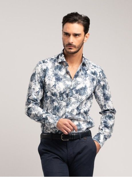 Camicia uomo realizzata in cotone popeline  stampa floreale hawaiana