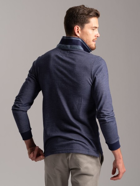 Polo de manga larga para hombre en tejido diagonal y cuello de canalé en contraste