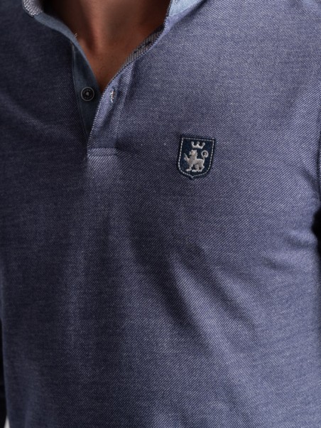 Polo de manga larga para hombre en tejido diagonal y cuello de canalé en contraste