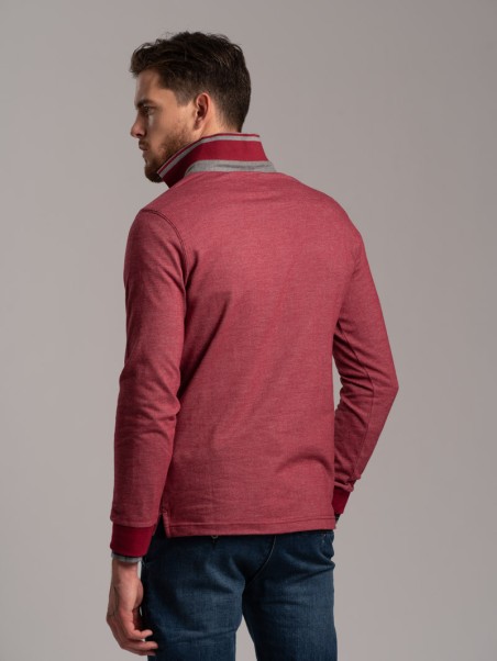 Polo de manga larga para hombre en tejido diagonal y cuello de canalé en contraste