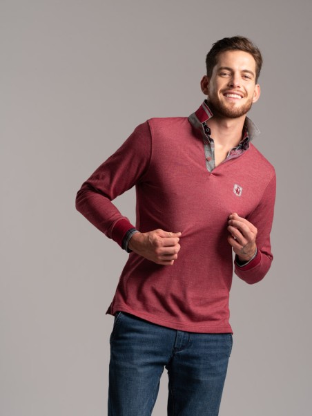 Polo de manga larga para hombre en tejido diagonal y cuello de canalé en contraste