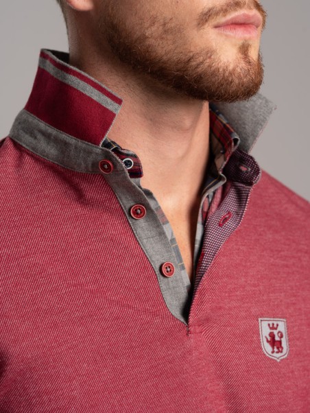Polo de manga larga para hombre en tejido diagonal y cuello de canalé en contraste
