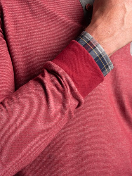 Polo de manga larga para hombre en tejido diagonal y cuello de canalé en contraste