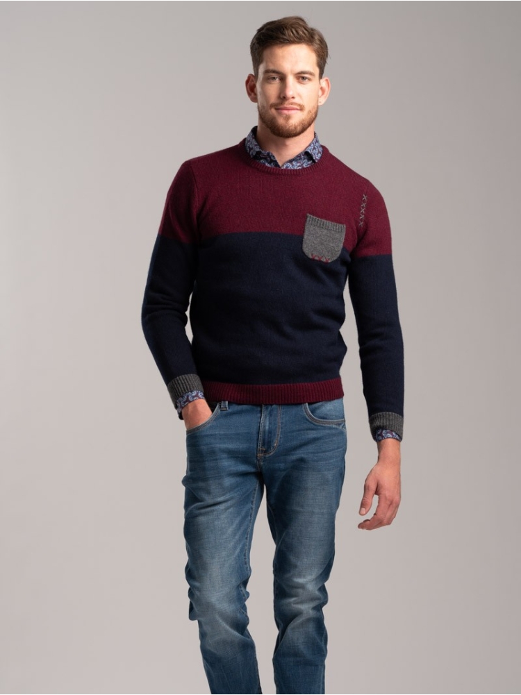 Jersey bicolor de hombre en mezcla de lana con cuello redondo y bolsillo en contraste