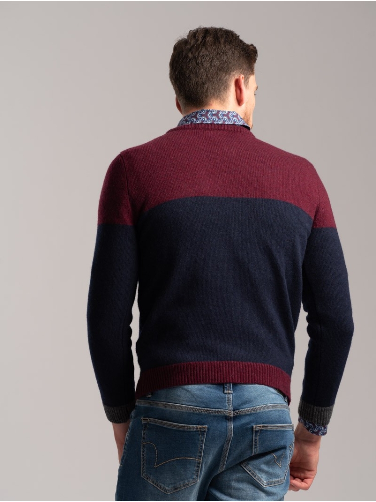 Jersey bicolor de hombre en mezcla de lana con cuello redondo y bolsillo en contraste