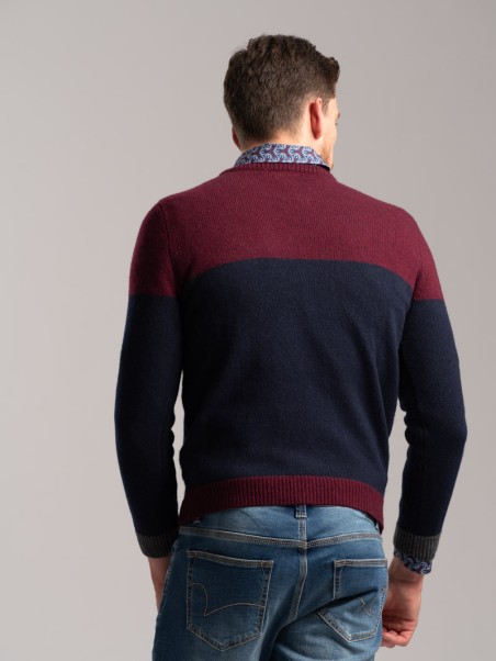 Jersey bicolor de hombre en mezcla de lana con cuello redondo y bolsillo en contraste