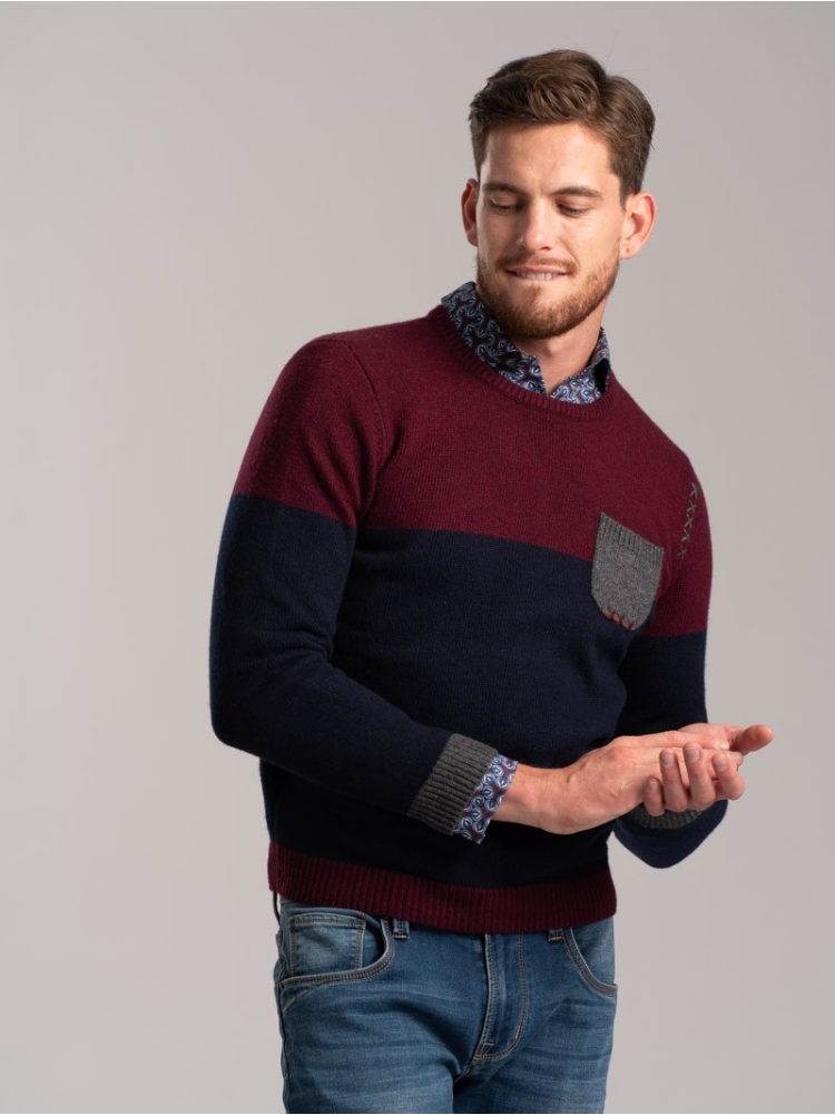 Jersey bicolor de hombre en mezcla de lana con cuello redondo y bolsillo en contraste