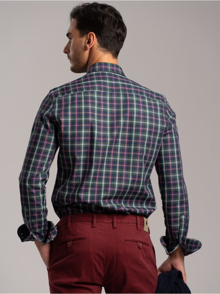 Camisa madrás multicolor de hombre en tejido de sarga cuello abotonado