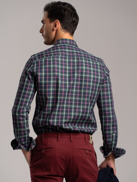 Camisa madrás multicolor de hombre en tejido de sarga cuello abotonado