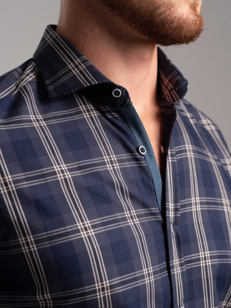 Camisa madrás bicolor de hombre en tejido de sarga cuello semifrancés