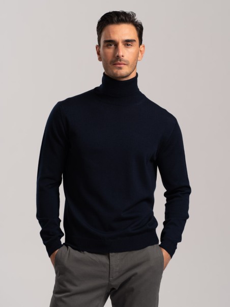 Jersey liso de cuello alto para hombre en lana merina