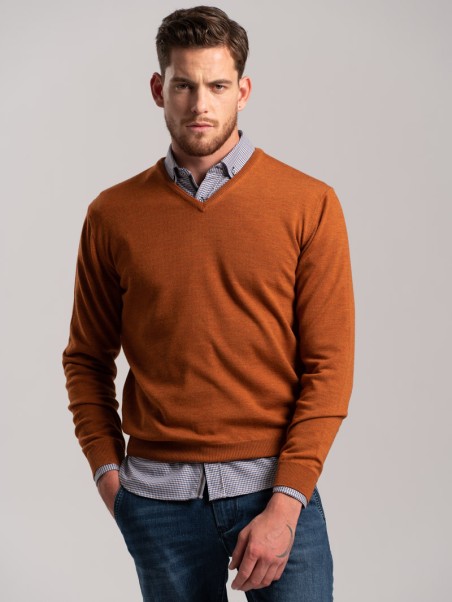 Jersey de cuello en V de lana merina para hombre