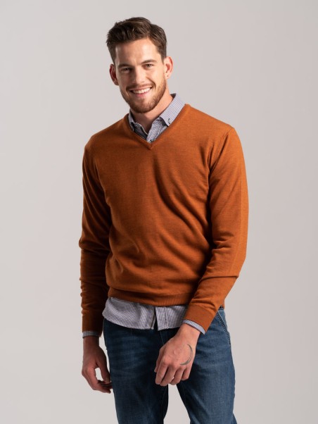 Jersey de cuello en V de lana merina para hombre