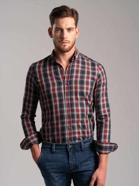 Camicia uomo madras multicolor in tessuto twill collo botton down