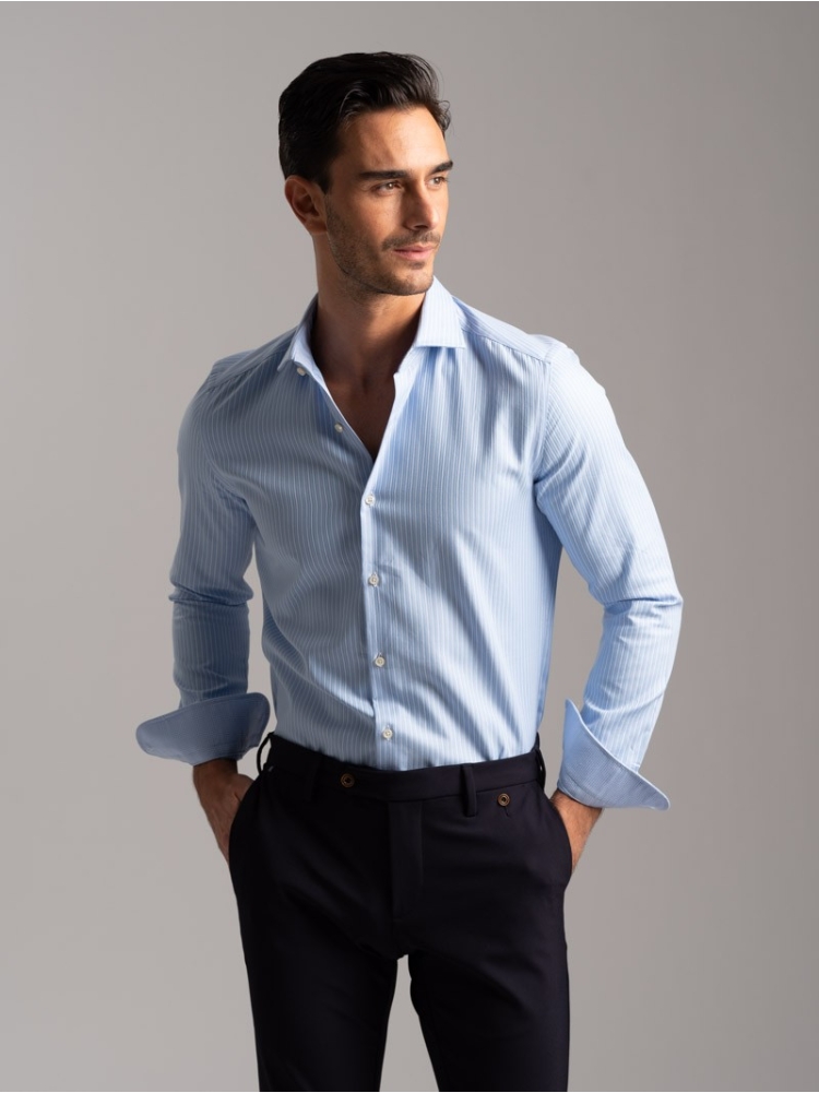 Camicia uomo in tessuto twill micro spina pesce collo semi francese