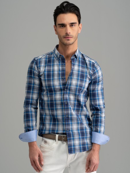 Camicia uomo madras blu collo button down