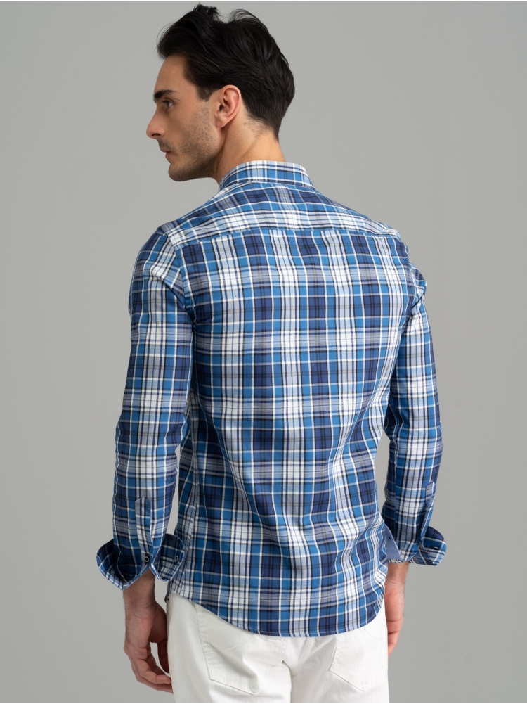 Camicia uomo madras blu collo button down