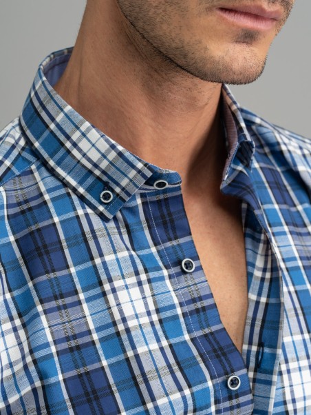 Camicia uomo madras blu collo button down