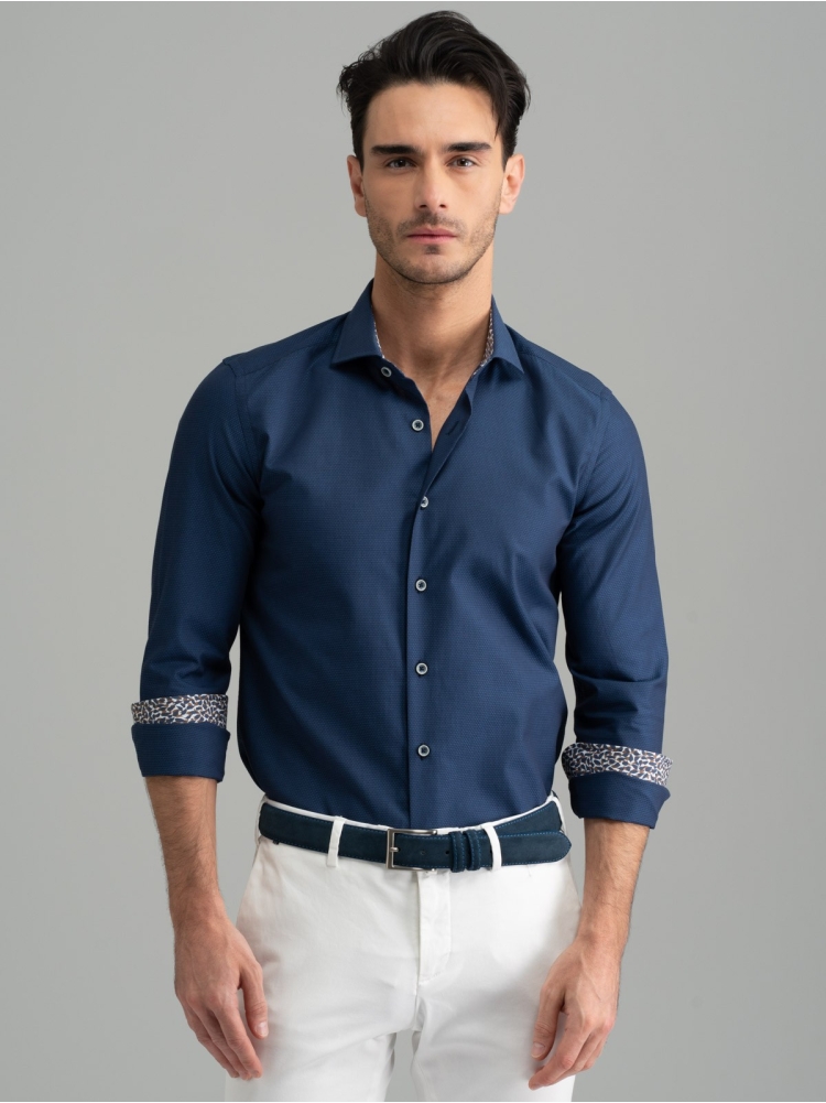 Camicia uomo tinta unita blu collo semi francese