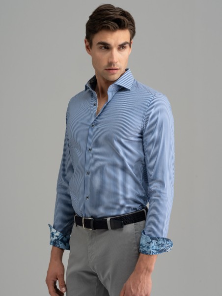 Camicia uomo a righe blu collo semi francese