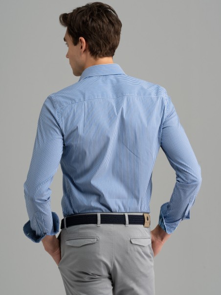 Camicia uomo a righe blu collo semi francese