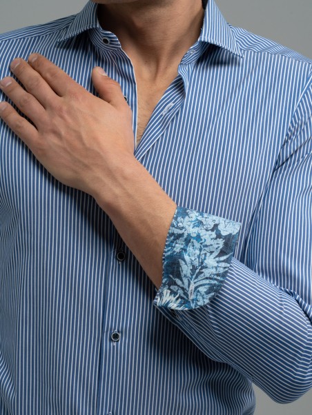 Camicia uomo a righe blu collo semi francese