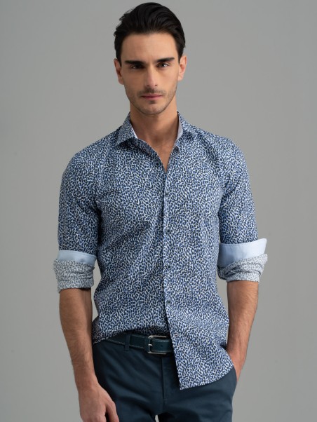 Camicia uomo blu fantasia collo semi francese