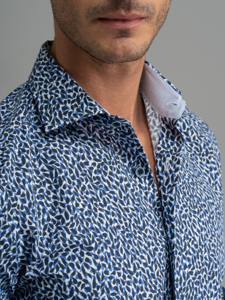 Camicia uomo blu fantasia collo semi francese