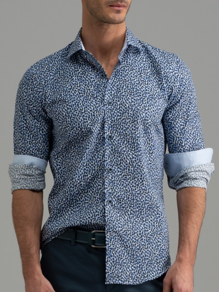 Camicia uomo blu fantasia collo semi francese