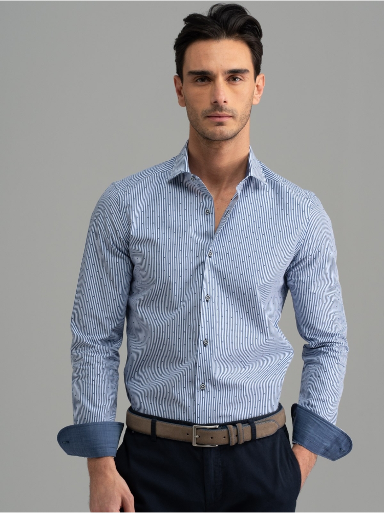 Camisa hombre rayas azules fil coupé cuello semifrancés