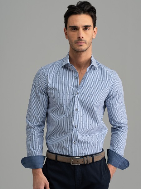 Camisa hombre rayas azules fil coupé cuello semifrancés