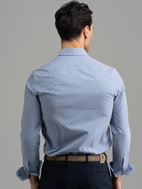 Camisa hombre rayas azules fil coupé cuello semifrancés