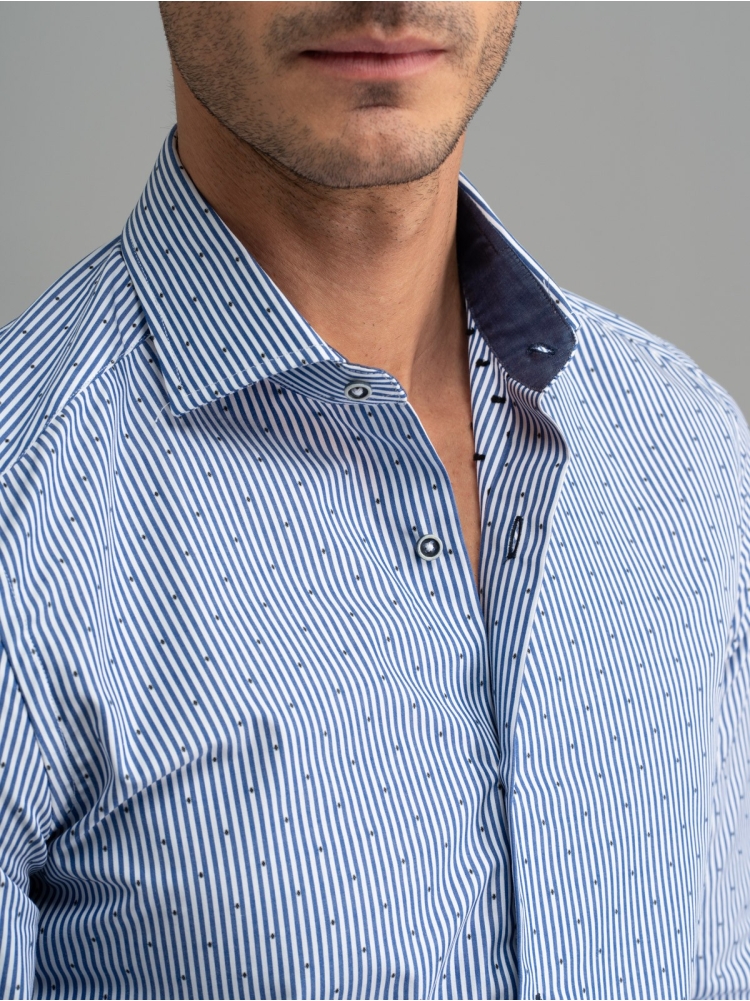 Camisa hombre rayas azules fil coupé cuello semifrancés
