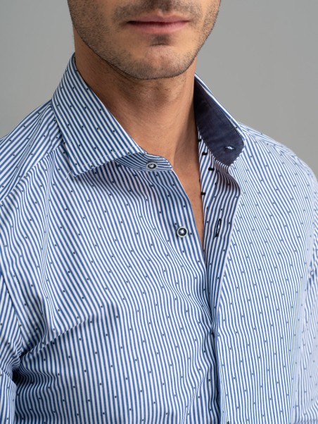 Camisa hombre rayas azules fil coupé cuello semifrancés