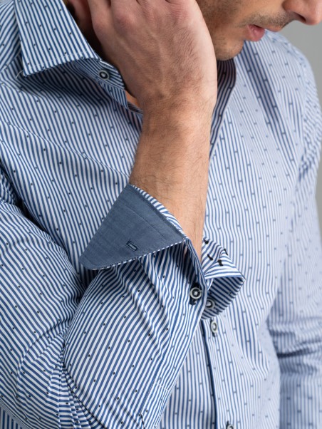 Camisa hombre rayas azules fil coupé cuello semifrancés