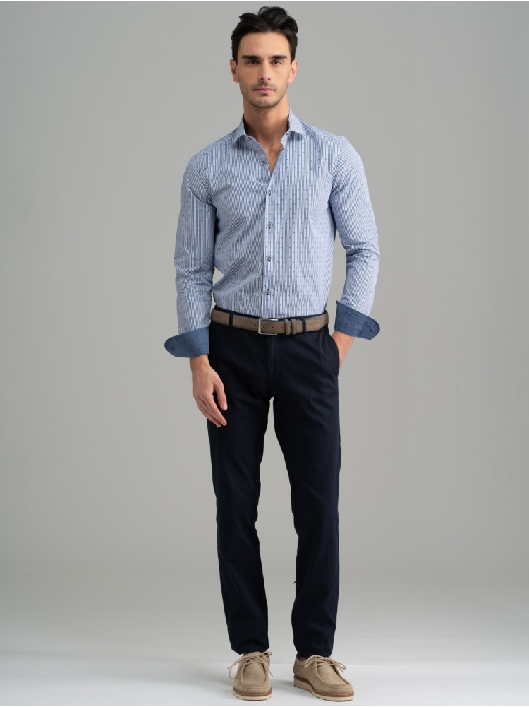 Camicia uomo a righe blu fil coupé collo semi francese