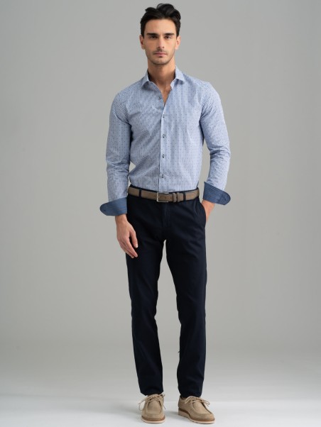 Camisa hombre rayas azules fil coupé cuello semifrancés