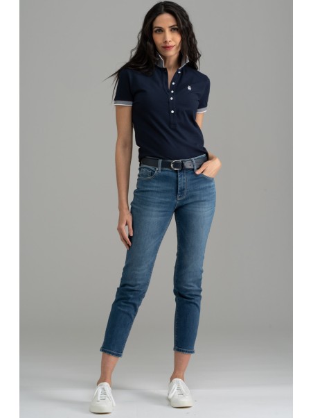 Polo de mujer de media manga con cuello y mangas de rayas verticales