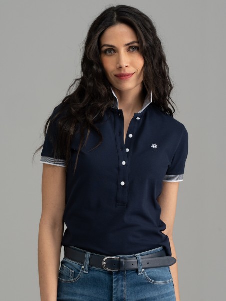 Polo de mujer de media manga con cuello y mangas de rayas verticales