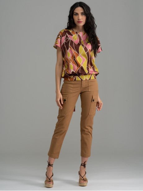 Pantalón cargo de mujer en algodón elástico color canela