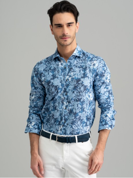 Camicia uomo floreale blu collo semi francese 2