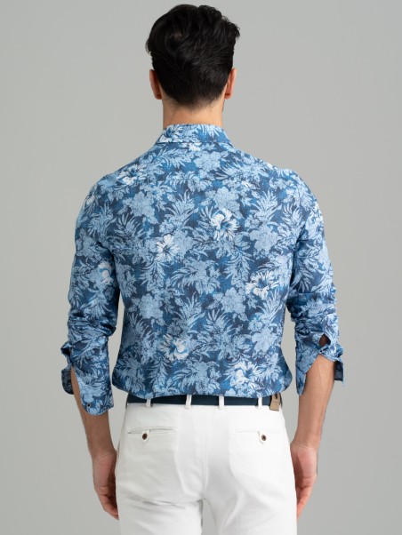 Camicia uomo floreale blu collo semi francese