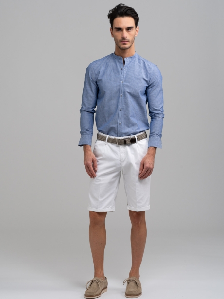 Camisa de rayas de hombre en mezcla de lino azul Cuello coreano 2
