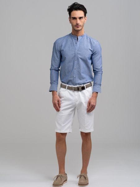 Camisa de rayas de hombre en mezcla de lino azul Cuello coreano