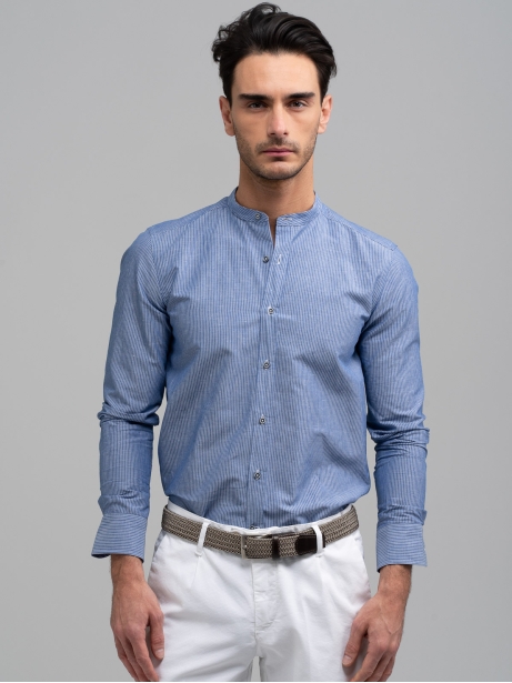 Camisa de rayas de hombre en mezcla de lino azul Cuello coreano
