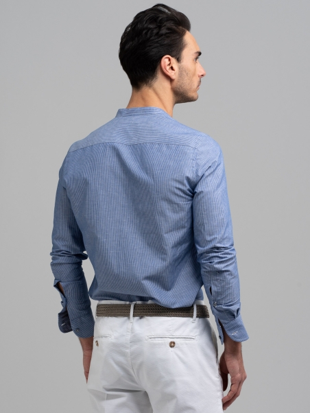 Camicia uomo blu misto lino a righe collo coreano