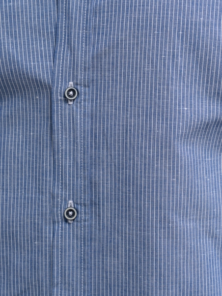 Camisa de rayas de hombre en mezcla de lino azul Cuello coreano